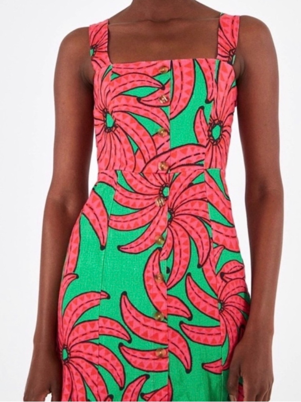Farm Rio Linen Green & Pink Floral Print Square-Neck Dress